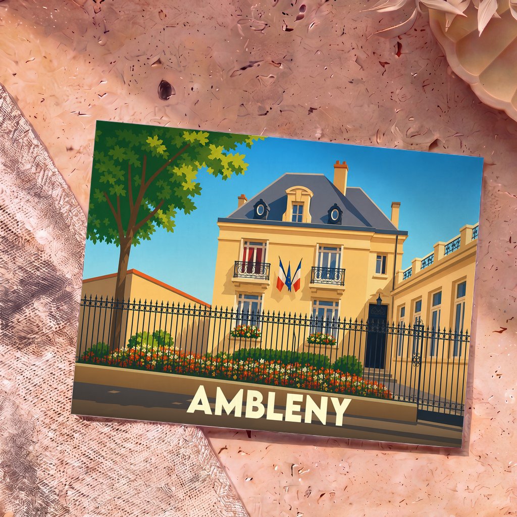 Carte postale souvenir de la ville d'Ambleny avec une illustration stylisée de sa mairie.