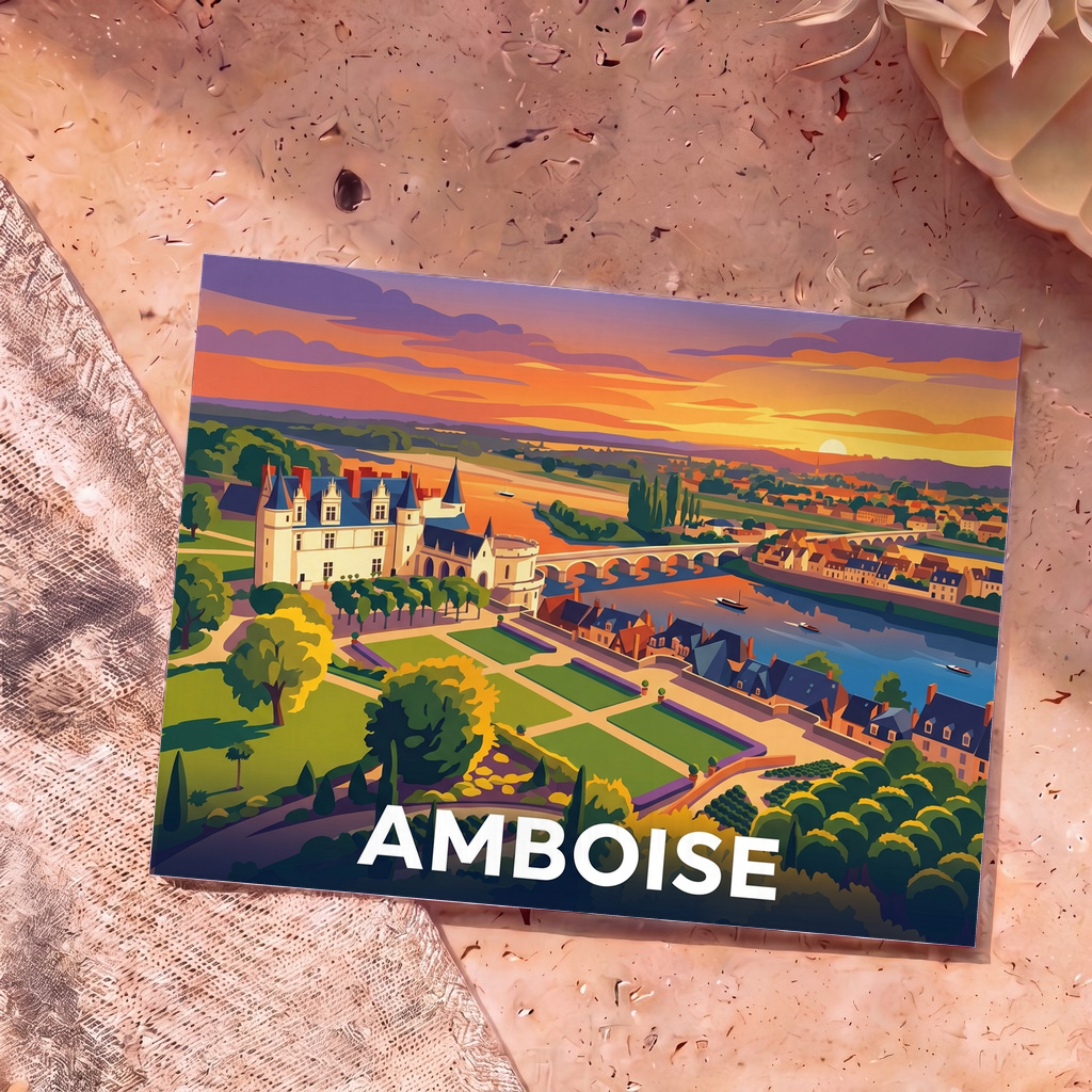 Carte postale souvenir de la ville d'Amboise illustrant son château et la Loire dans un style graphique coloré.