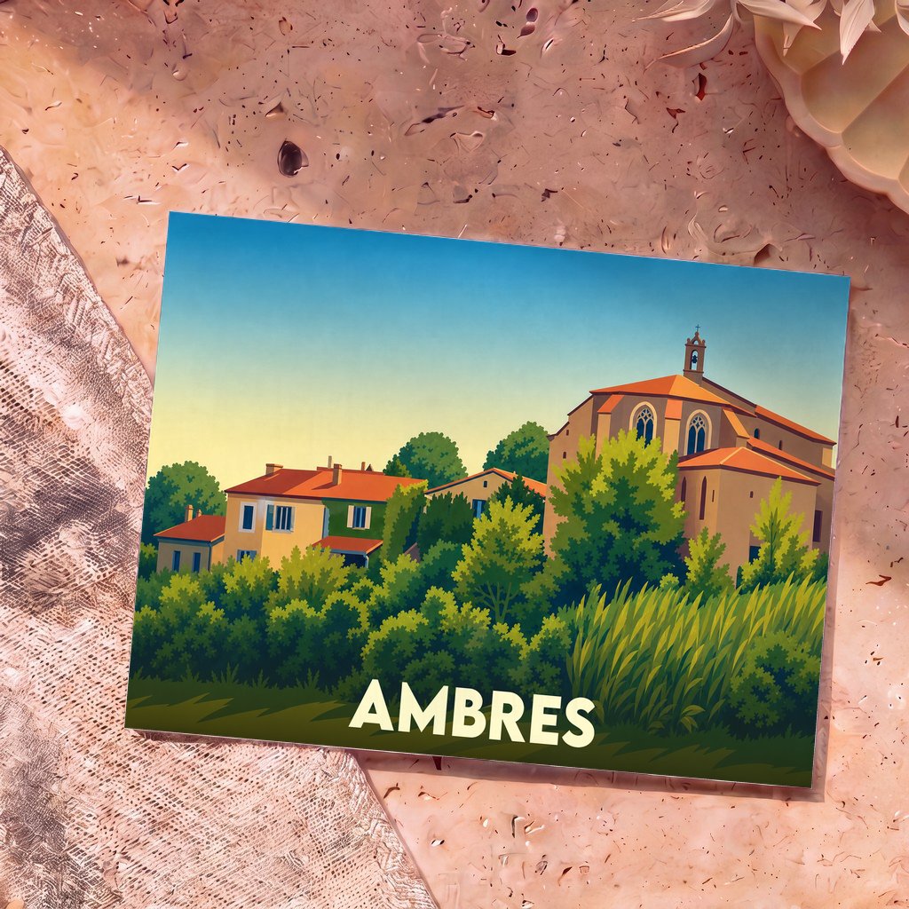 Carte postale souvenir de la ville d'Ambres avec une illustration stylisée de son église et de ses maisons.