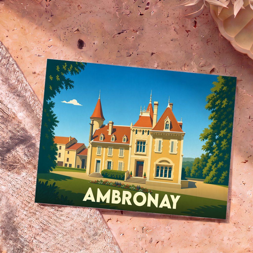 Carte postale souvenir de la ville d'Ambronay avec une illustration stylisée de son patrimoine architectural.