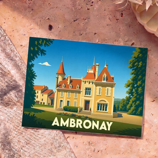 Carte postale souvenir de la ville d'Ambronay avec une illustration stylisée de son patrimoine architectural.