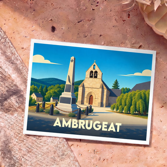 Carte postale souvenir de la ville d'Ambrugeat avec une illustration stylisée de son église et de son monument aux morts.