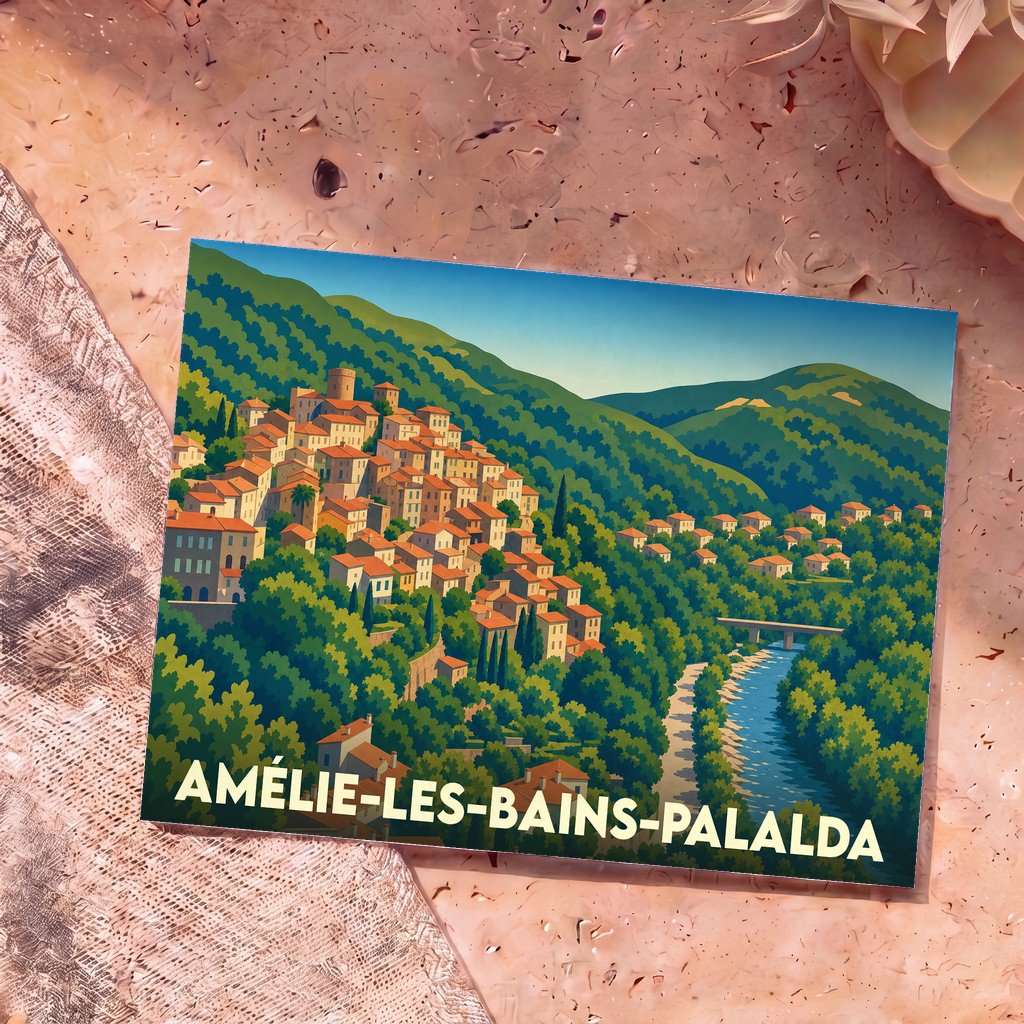 Carte postale souvenir de la ville d'Amélie-les-Bains-Palalda avec une illustration stylisée d'un village perché au milieu de montagnes boisées.
