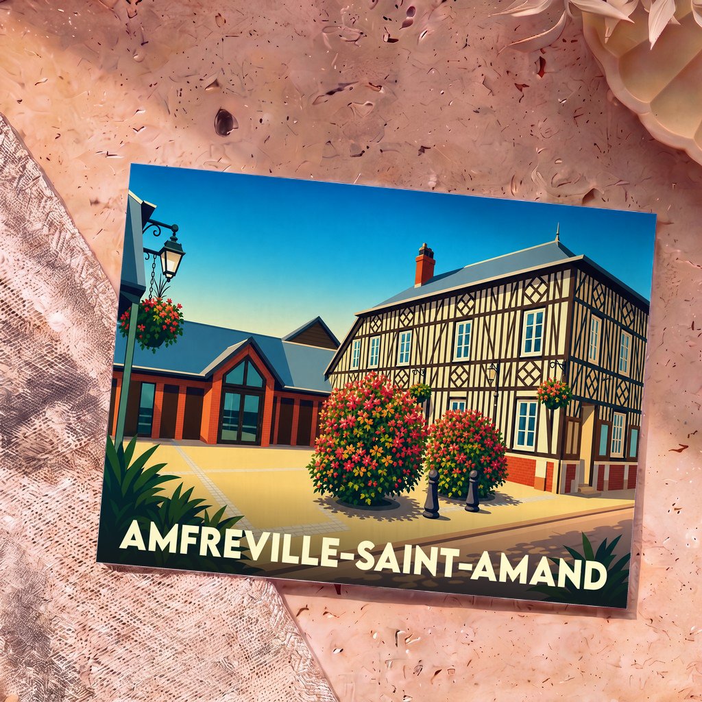 Carte postale souvenir de la ville d'Amfreville-Saint-Amand avec une illustration stylisée de bâtiments à colombages.