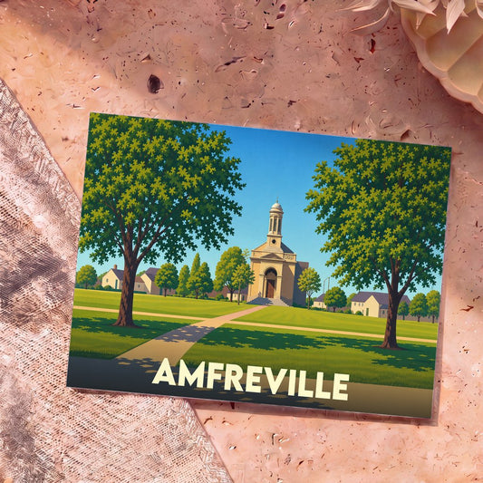 Carte postale souvenir de la ville d'Amfreville avec une illustration stylisée d'une église entourée de verdure.