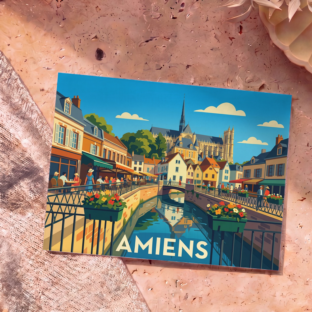 Carte postale souvenir de la ville d'Amiens avec une illustration stylisée de son canal et de sa cathédrale.