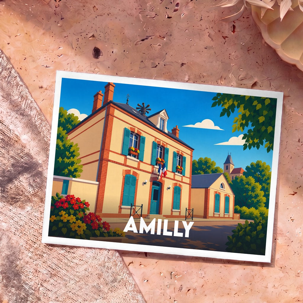 Carte postale souvenir de la ville d'Amilly avec une illustration stylisée de sa mairie.