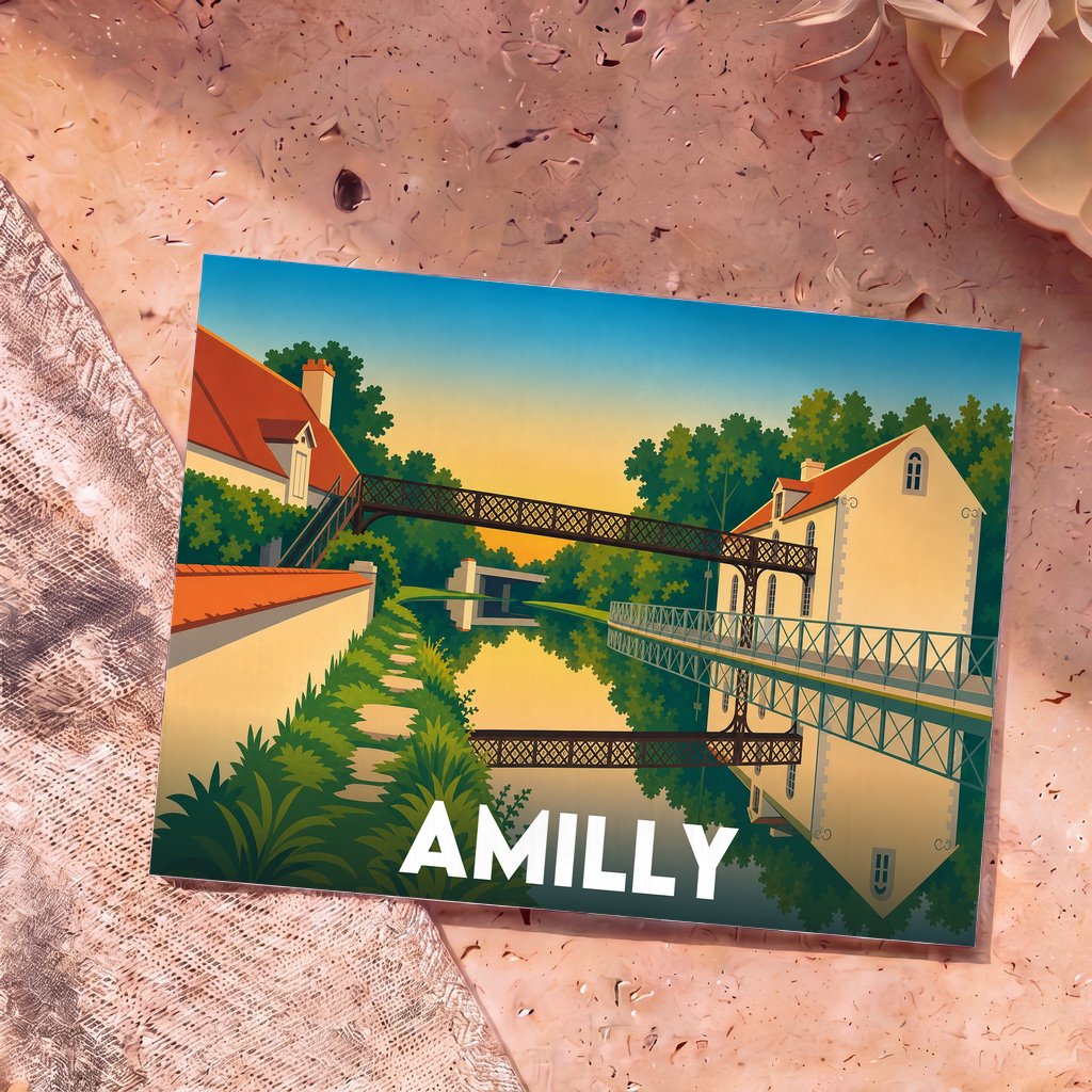 Carte postale souvenir de la ville d'Amilly illustrant un canal et une passerelle dans un style graphique épuré.