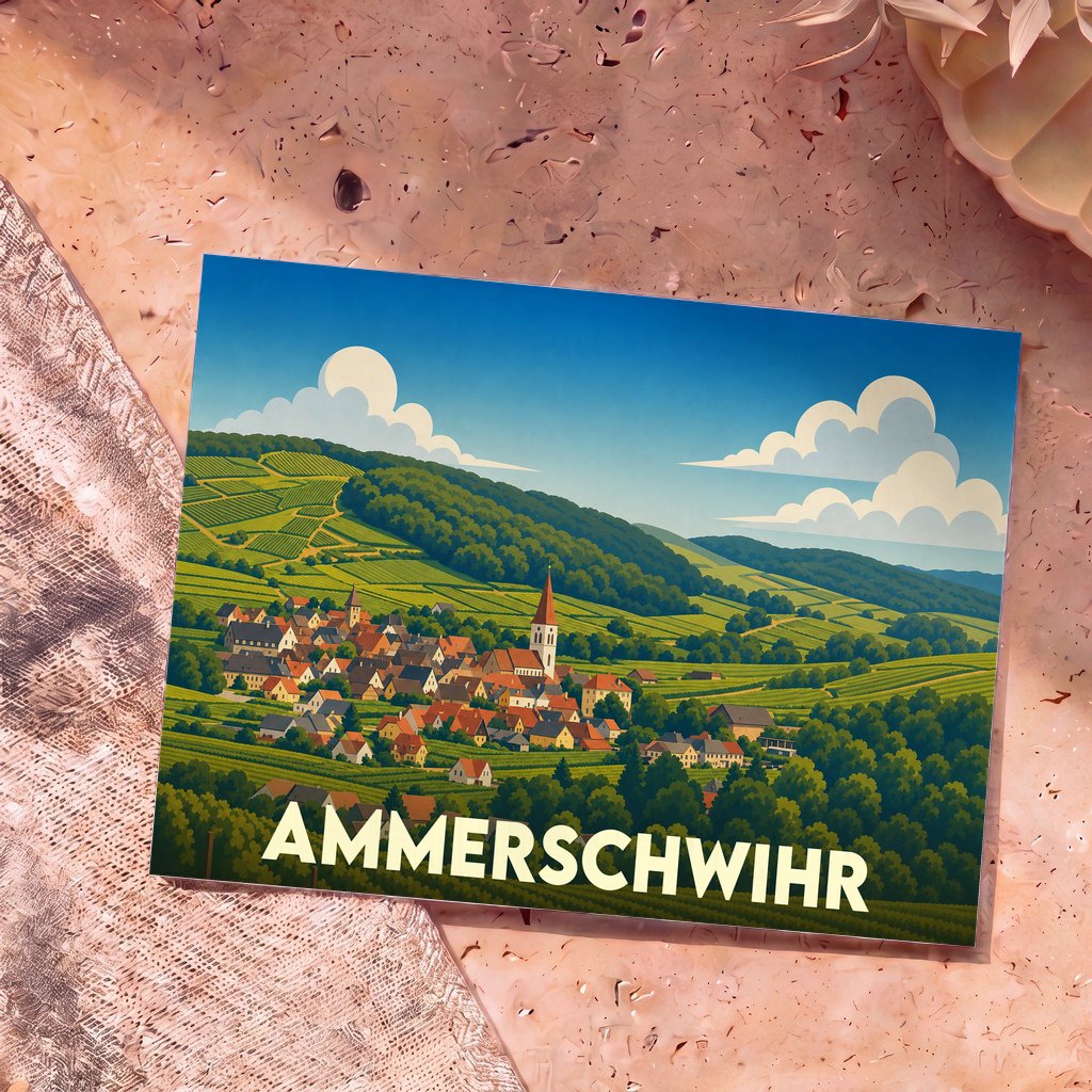 Carte postale souvenir de la ville d'Ammerschwihr avec une illustration stylisée de son village et de ses vignobles.