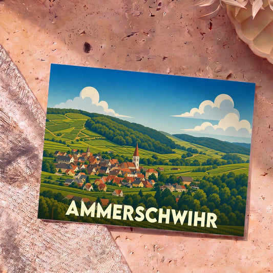Carte postale souvenir de la ville d'Ammerschwihr avec une illustration stylisée de son village et de ses vignobles.