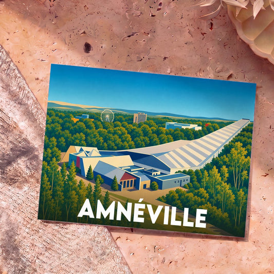 Carte postale souvenir de la ville d'Amnéville avec une illustration stylisée de ses sites emblématiques en pleine forêt.