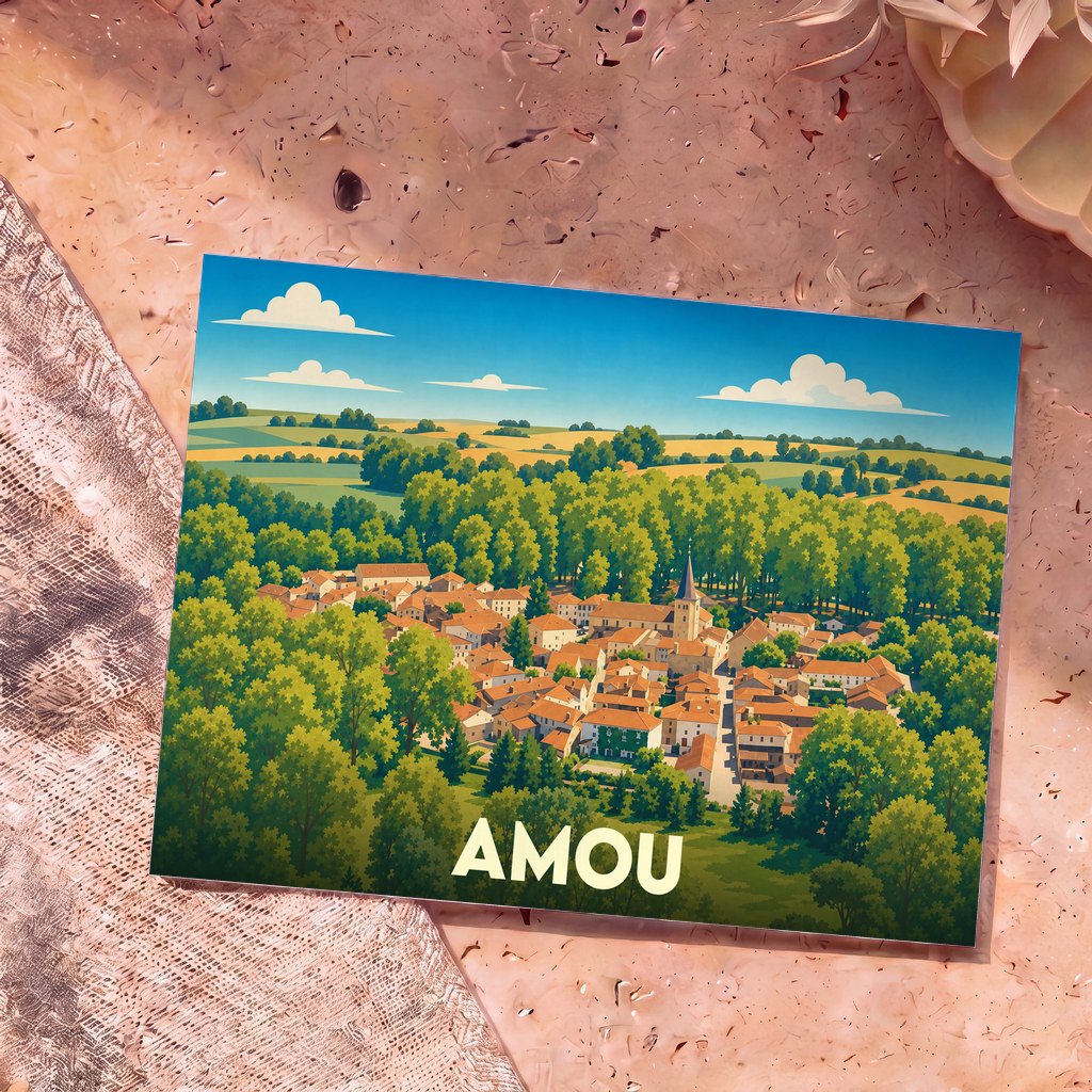 Carte postale souvenir de la ville d'Amou avec une illustration stylisée d'un village niché dans une forêt verdoyante.