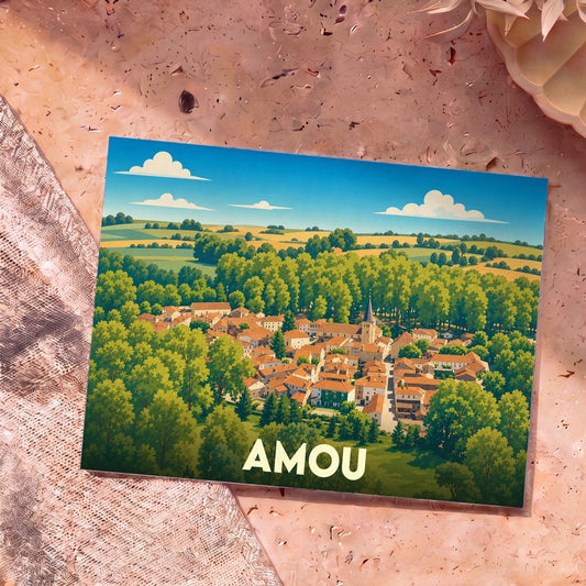 Carte postale souvenir de la ville d'Amou avec une illustration stylisée d'un village niché dans une forêt verdoyante.
