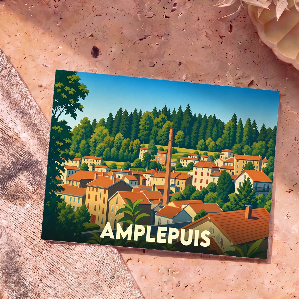 Carte postale souvenir de la ville d'Amplepuis avec une illustration stylisée et colorée.