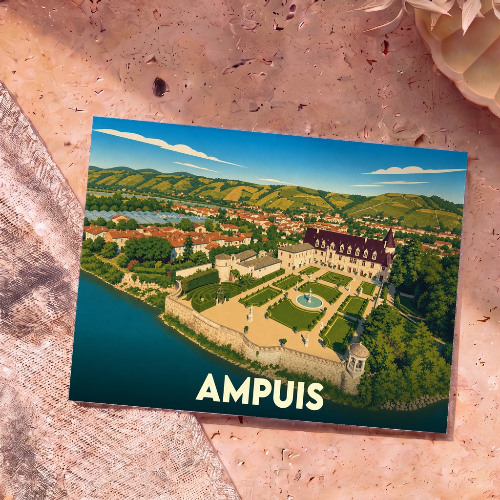 Carte postale souvenir de la ville d'Ampuis avec une illustration stylisée du Château d'Ampuis et du Rhône.
