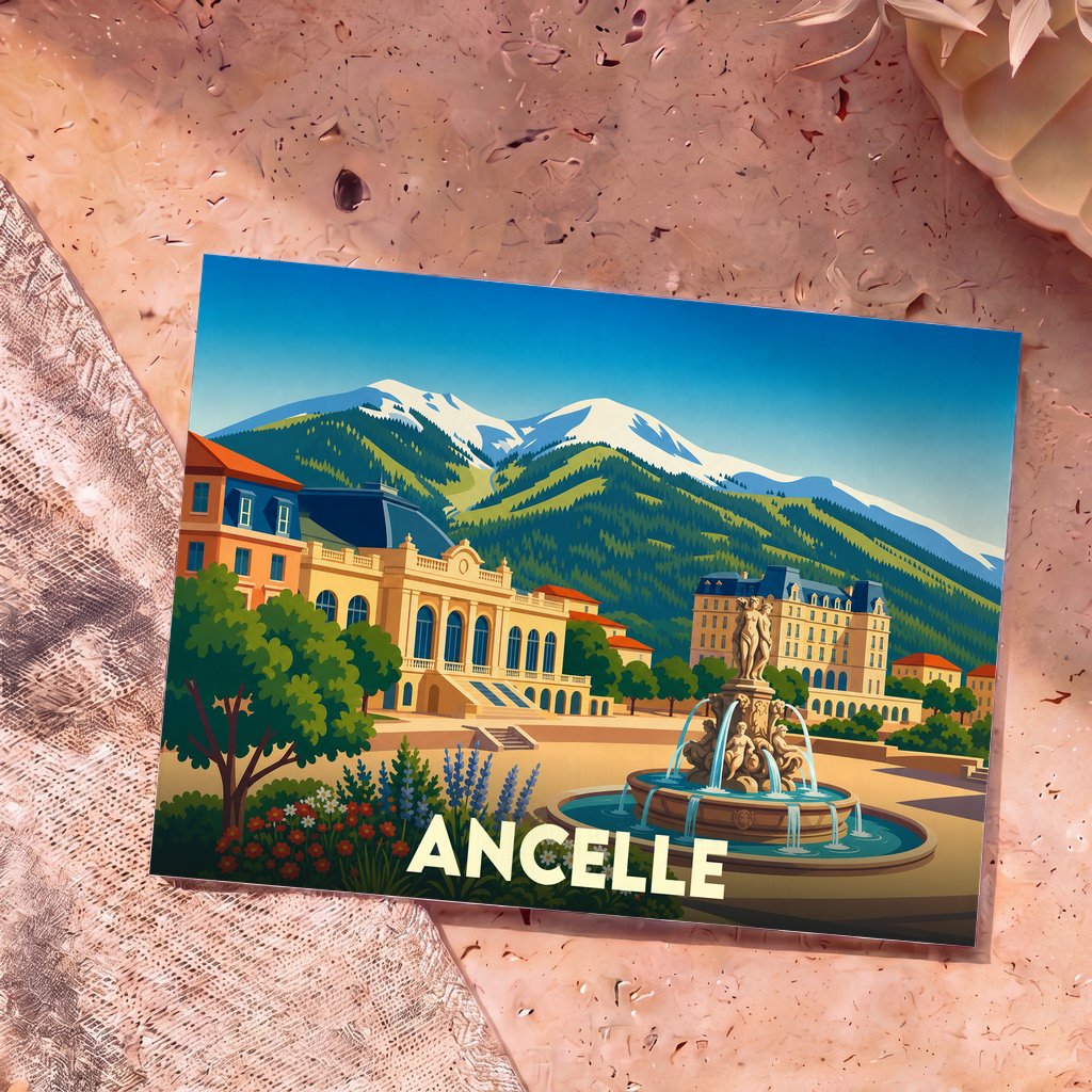 Carte postale souvenir de la ville de Ancelle avec une illustration stylisée représentant une place animée devant des montagnes enneigées.