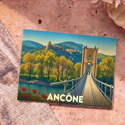 Carte postale souvenir de la ville d'Ancône illustrant un pont suspendu et un château dans un style rétro.