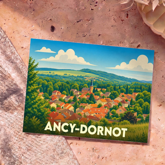 Carte postale souvenir de la ville d'Ancy-Dornot avec une illustration stylisée d'un village niché dans la verdure.