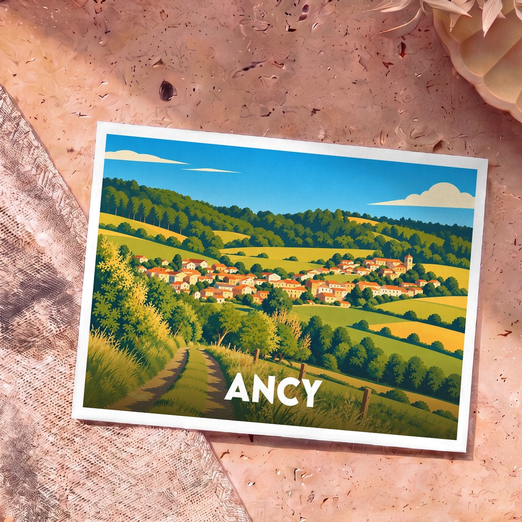Carte postale souvenir de la ville d'Ancy avec une illustration stylisée d'un village vallonné.
