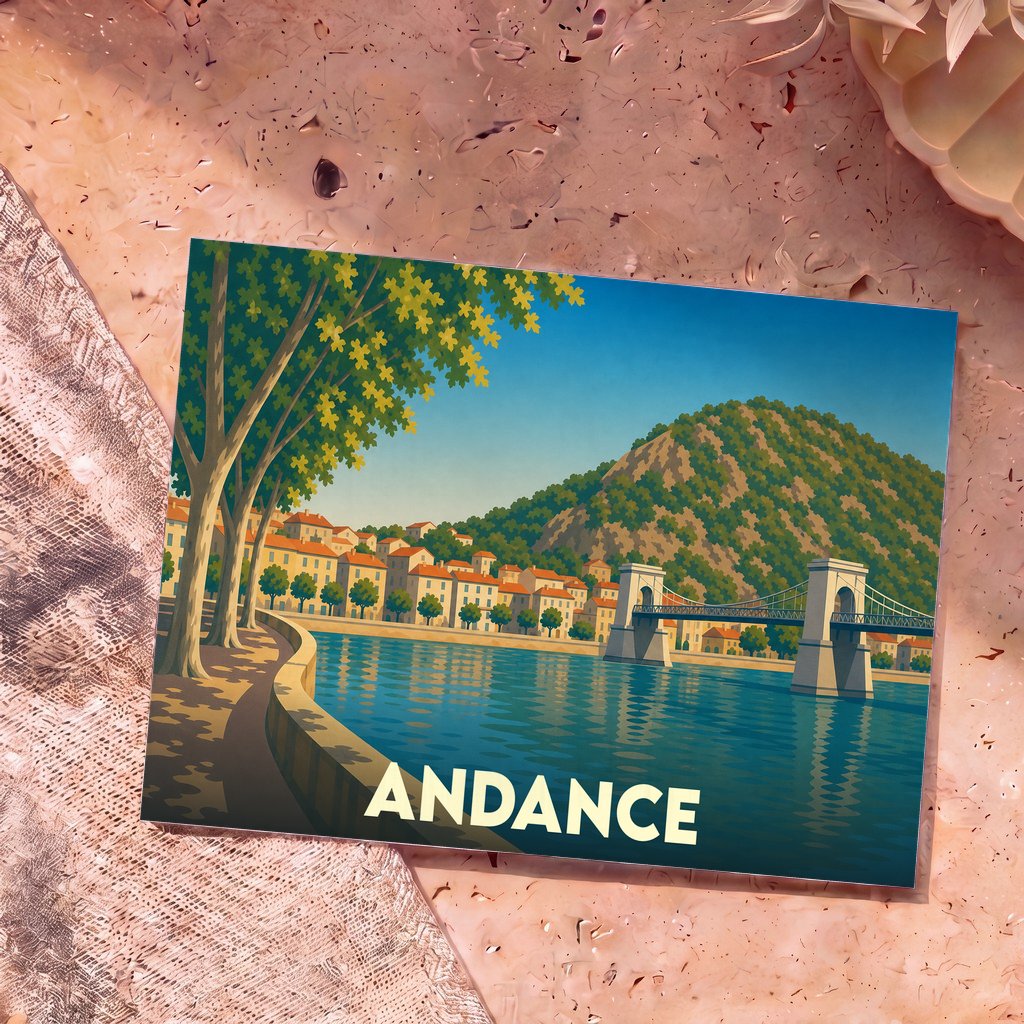 Carte postale souvenir de la ville d'Andance avec une illustration stylisée de son pont suspendu et du Rhône.