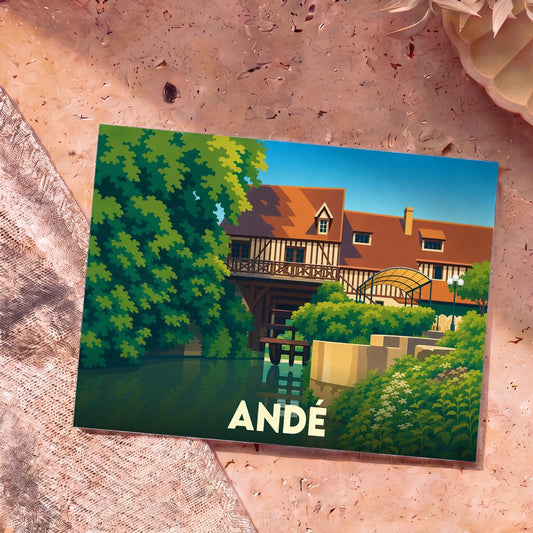 Carte postale souvenir de la ville d'Andé avec une illustration stylisée de son moulin.