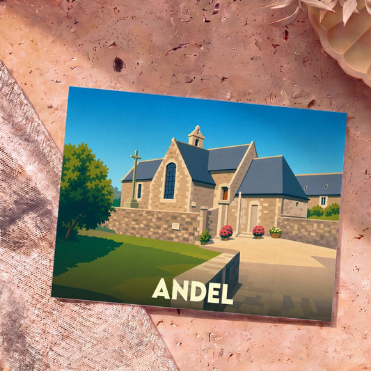 Carte postale souvenir de la ville d'Andel avec une illustration stylisée d'une église en pierre.