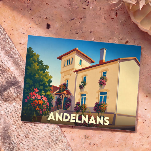 Carte postale souvenir de la ville d'Andelnans avec une illustration colorée et fleurie d'une maison de maître.