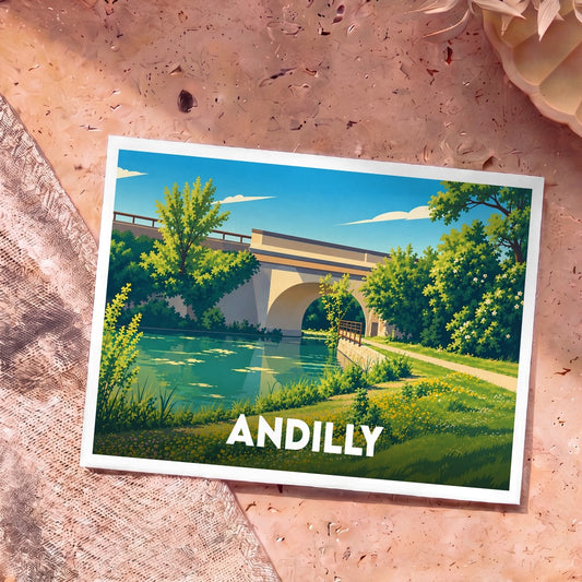Carte postale souvenir de la ville d'Andilly avec une illustration stylisée d'un pont au bord de l'eau.