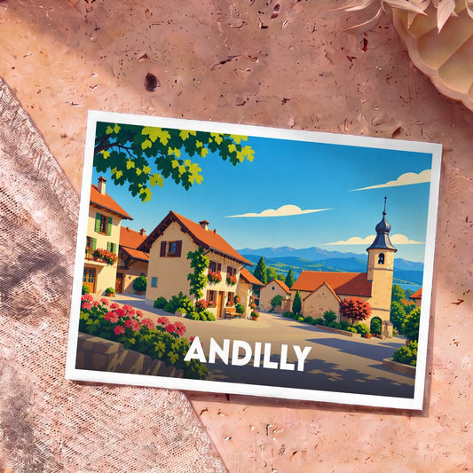 Carte postale souvenir de la ville d'Andilly illustrée par un paysage de village pittoresque aux couleurs vives.