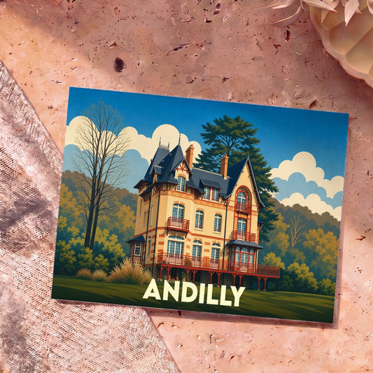 Carte postale souvenir de la ville d'Andilly avec une illustration stylisée d'une grande demeure bourgeoise.