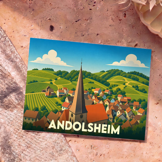 Carte postale souvenir de la ville d'Andolsheim avec une illustration stylisée d'un village alsacien niché dans les collines.