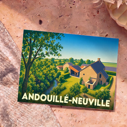 Carte postale souvenir d'Andouillé-Neuville présentant une illustration stylisée et colorée de la campagne bretonne.