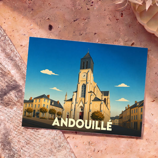 Carte postale souvenir de la ville d'Andouillé avec une illustration stylisée de son église et de ses rues.