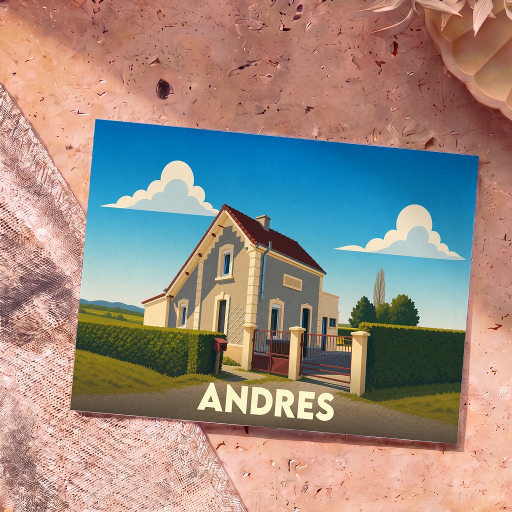 Carte postale souvenir de la ville d'Andres avec une illustration stylisée d'une maison de campagne.