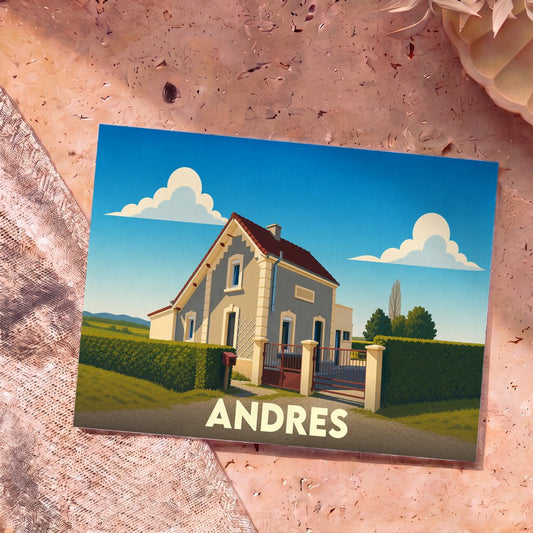 Carte postale souvenir de la ville d'Andres avec une illustration stylisée d'une maison de campagne.