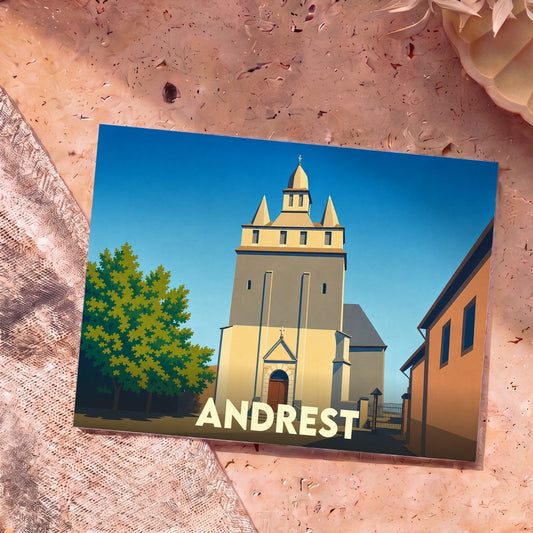 Carte postale souvenir de la ville d'Andrest avec une illustration stylisée de son église.