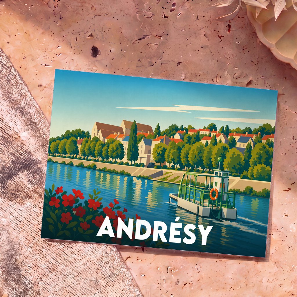 Carte postale souvenir de la ville d'Andrésy présentant une illustration stylisée des bords de Seine avec son bac fluvial.