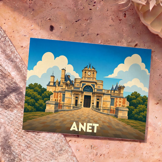 Carte postale souvenir de la ville d'Anet illustrant l'entrée monumentale de son château dans un style graphique épuré.