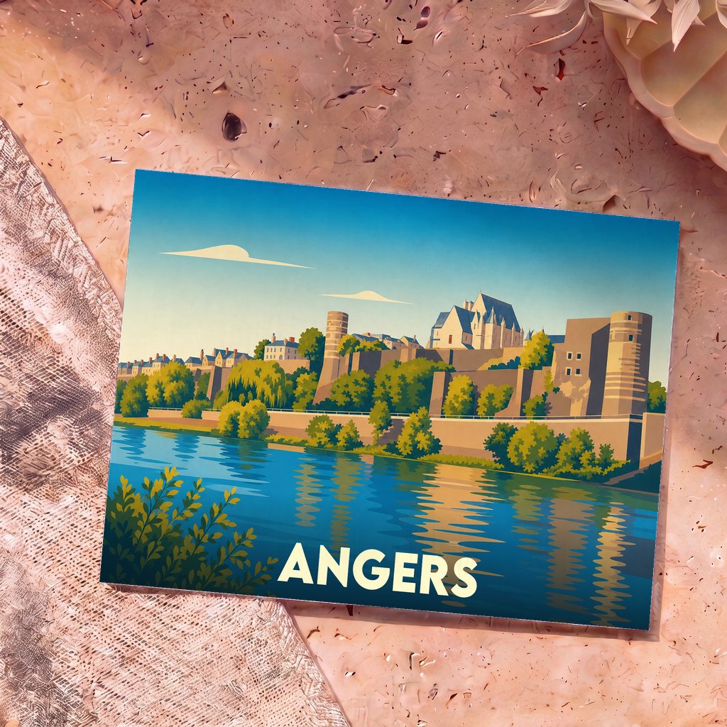 Carte postale souvenir de la ville d'Angers avec une illustration stylisée du château et de la Maine.
