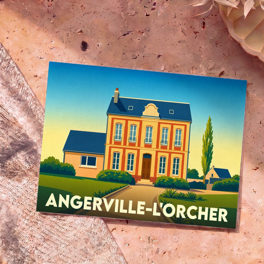 Carte postale souvenir de la ville de Angerville-l'Orcher avec une illustration stylisée d'une grande demeure.