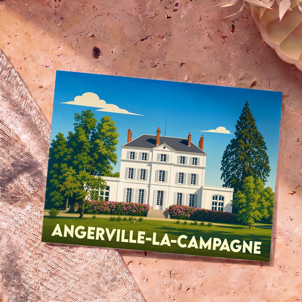Carte postale souvenir de la ville d'Angerville-la-Campagne avec une illustration stylisée de son château.