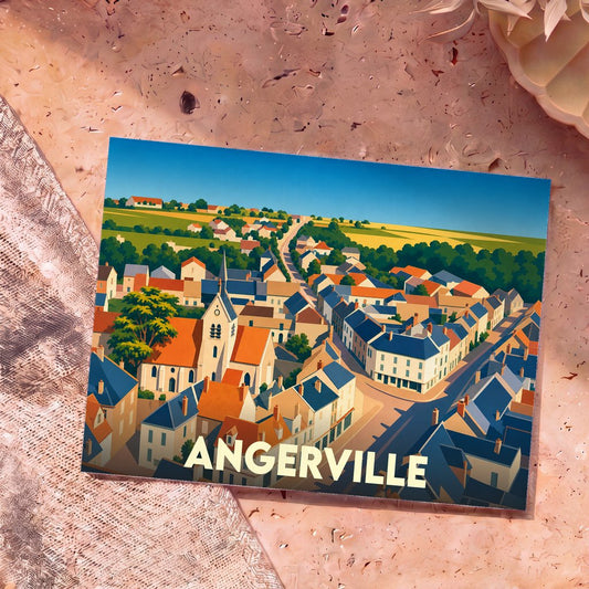 Carte postale souvenir de la ville d'Angerville arborant une illustration stylisée et colorée de ses toits et de son église.