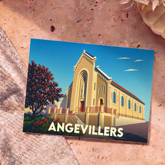 Carte postale souvenir de la ville d'Angevillers avec une illustration stylisée de son église.