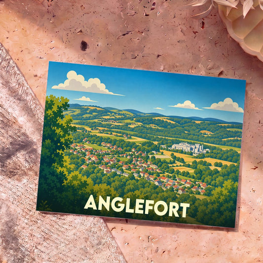 Carte postale souvenir de la ville d'Anglefort illustrant un paysage de campagne vallonné avec ses maisons typiques.