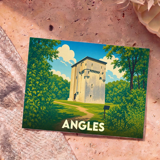 Carte postale souvenir de la ville d'Angles illustrant sa tour médiévale dans un style graphique épuré.