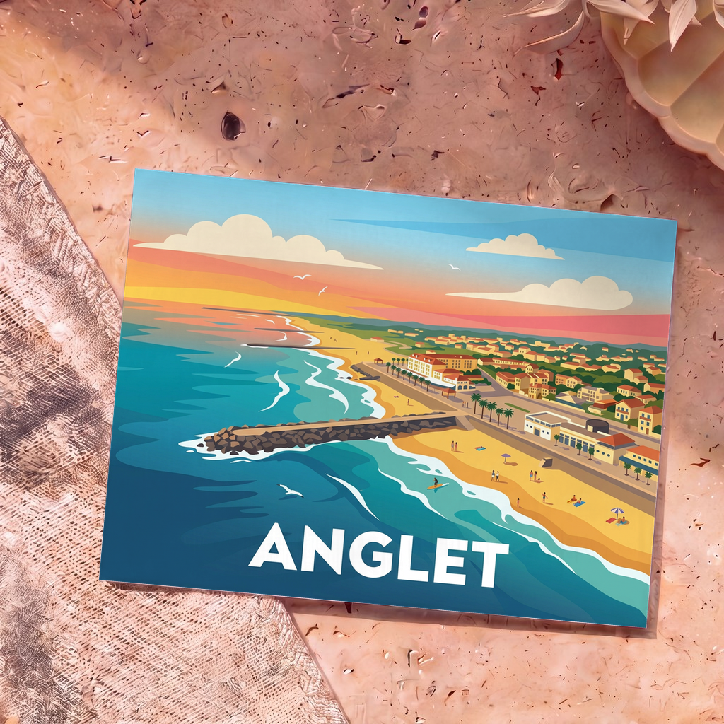 Carte postale souvenir de la ville d'Anglet avec une illustration stylisée de sa côte au coucher du soleil.