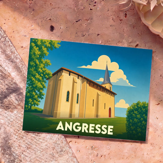 Carte postale souvenir de la ville d'Angresse avec une illustration stylisée de son église sous un ciel bleu.