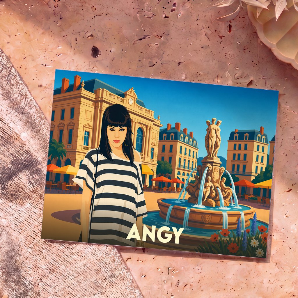 Carte postale souvenir de la ville d'Angy avec une illustration stylisée d'une femme devant une fontaine.