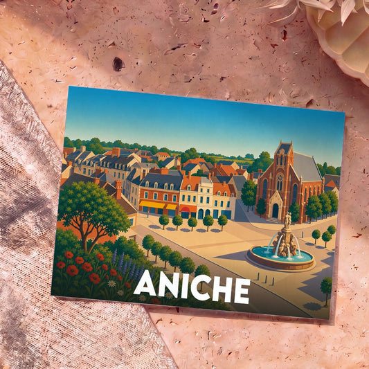 Carte postale souvenir de la ville d'Aniche avec une illustration colorée représentant sa place principale et son église.