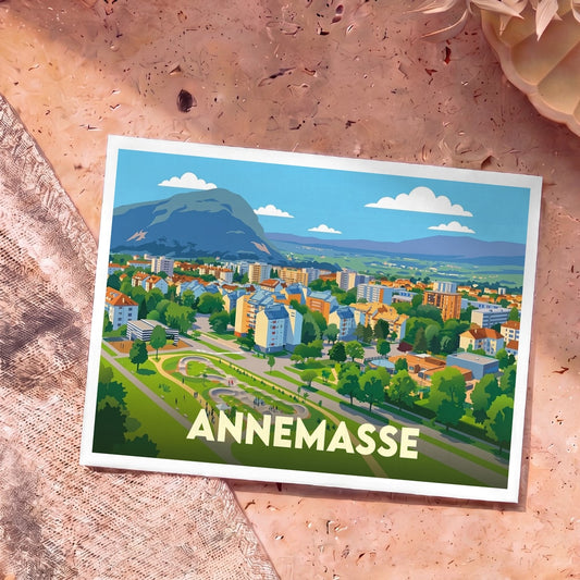 Carte postale souvenir de la ville d'Annemasse avec une illustration stylisée représentant un parc urbain au pied des montagnes.